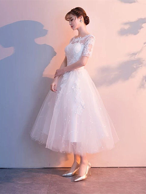 White Tulle Short Sleeves Tea Length Wedding Party Dress, White Tulle Party Dress